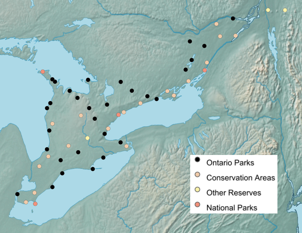 A close-up map of Ontario showing sampling locations for the Terrestrial Arthropod Monitoring Program in 2018.