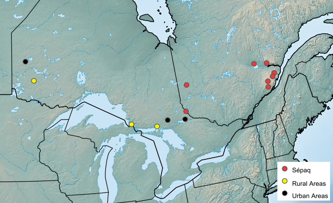 A close-up map of Ontario and Quebec showing sampling locations for the Terrestrial Arthropod Monitoring Program in 2020.