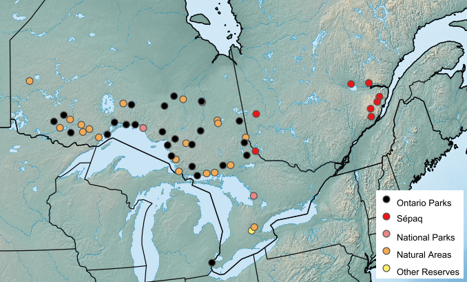 A close-up map of Ontario and Quebec showing sampling locations for the Terrestrial Arthropod Monitoring Program in 2021.