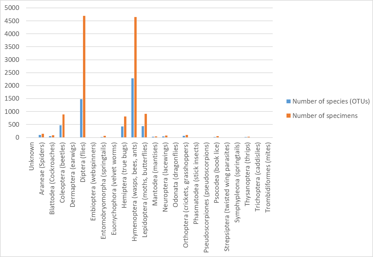A figure indicating the number of specimens DNA barcoded for each arthropod order